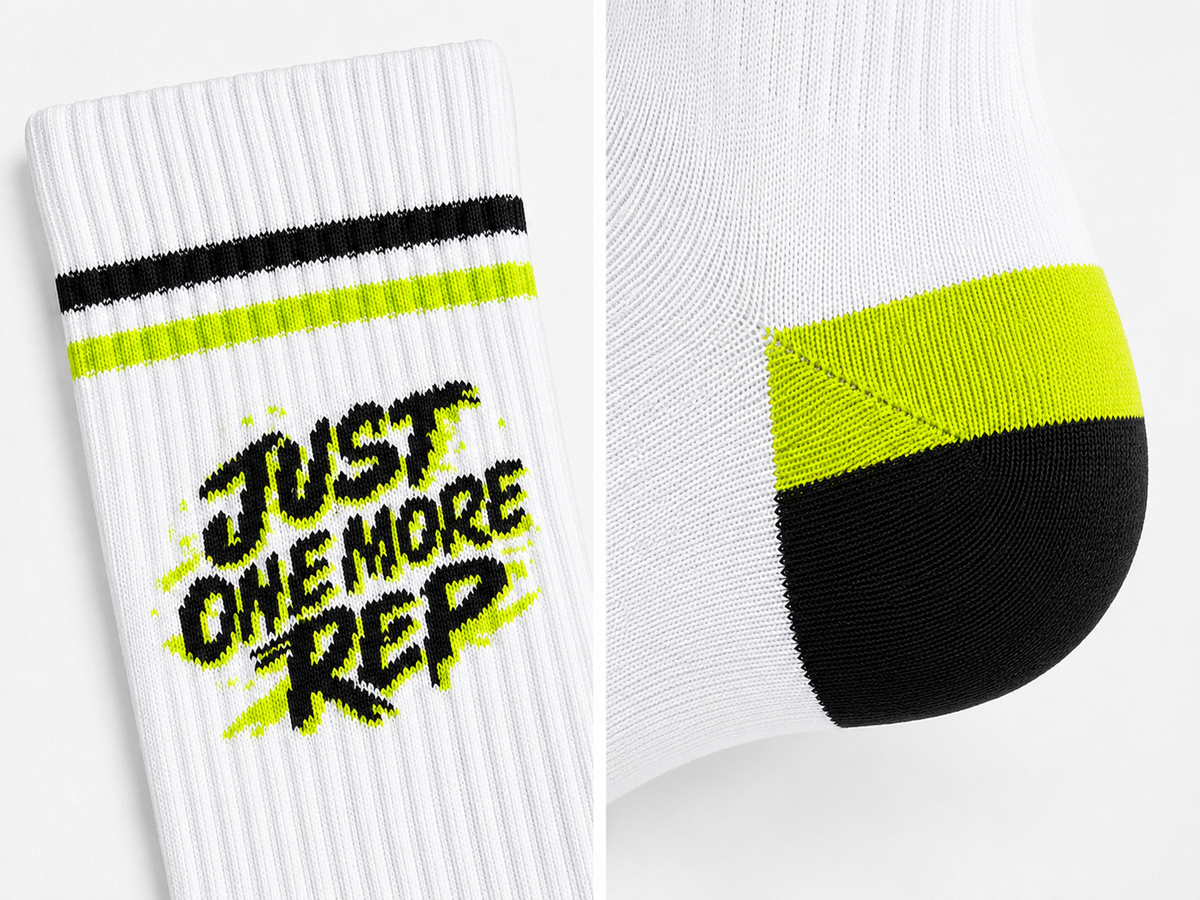 Just One More Rep sportsokken, details van het breisel en de hiel