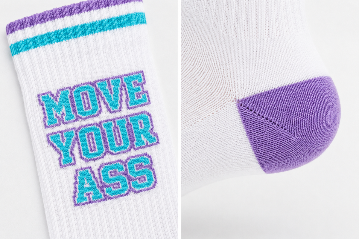 Move Your Ass sportsokken, details van het breisel en de hiel